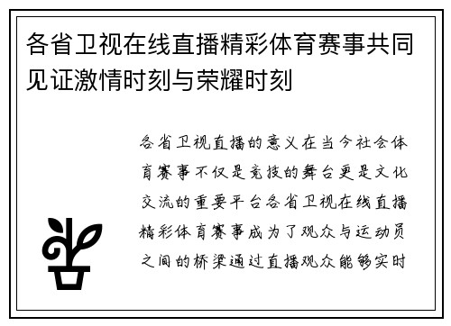 各省卫视在线直播精彩体育赛事共同见证激情时刻与荣耀时刻